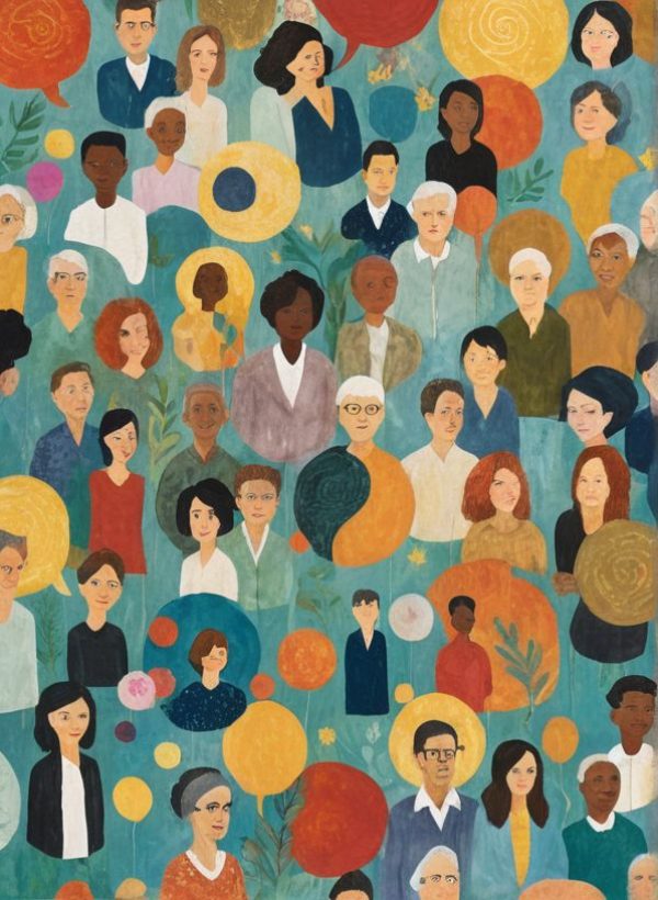 a group of people working on a big table on their laptops, headphones, water bottles